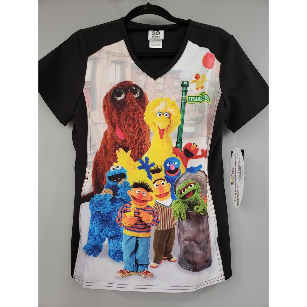 NEW XS SESAME STREET Cherokee Scrubs Tooniforms MEDICAL SCRUB TOP ELMO BIG BIRD